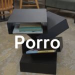 Porro（ポロ）Balancing Boxes（バランシング・ボックス）収納ユニット。非対称に重なる直方体構成が特徴で、シャープな直線と陰影が際立つ建築的ミニマルデザイン。