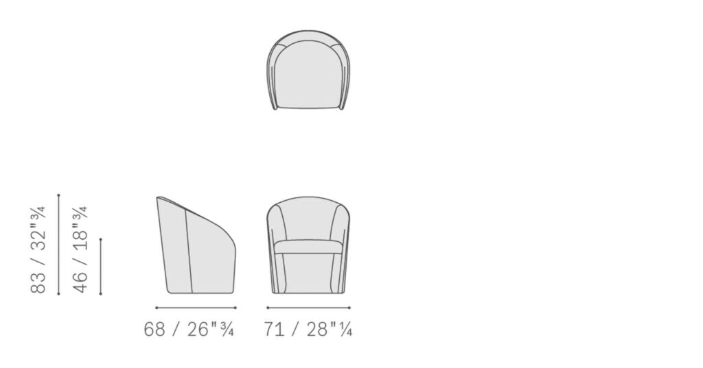 Poltrona Frau（ポルトローナ・フラウ） Intervista（インターヴィスタ）ラウンジチェア　サイズ　低重心フォルムと包み込むアーム形状の全体寸法が分かる設計、空間とのバランスが把握できるプロポーション表示写真