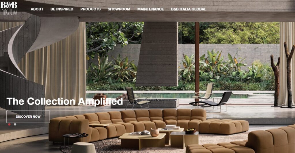 B&B Italia（ビー・アンド・ビー・イタリア）公式サイト画像　イタリア高級家具ブランドのプロダクトビジュアル、モダンソファやアームチェア、テーブルなど現代的デザイン家具をスタジオ撮影で紹介するブランドページイメージ
