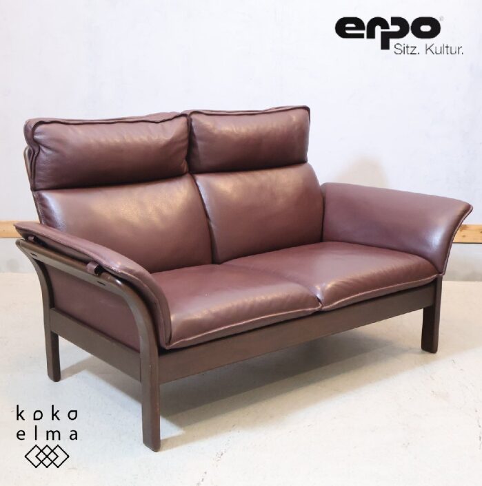 erpo（エルポ）ER-01 2P ソファ リビング用ソファ。ドイツブランドらしい人間工学設計の低重心フォルムと上質レザーを採用し、深いくつろぎを生む2人掛けモデル。
